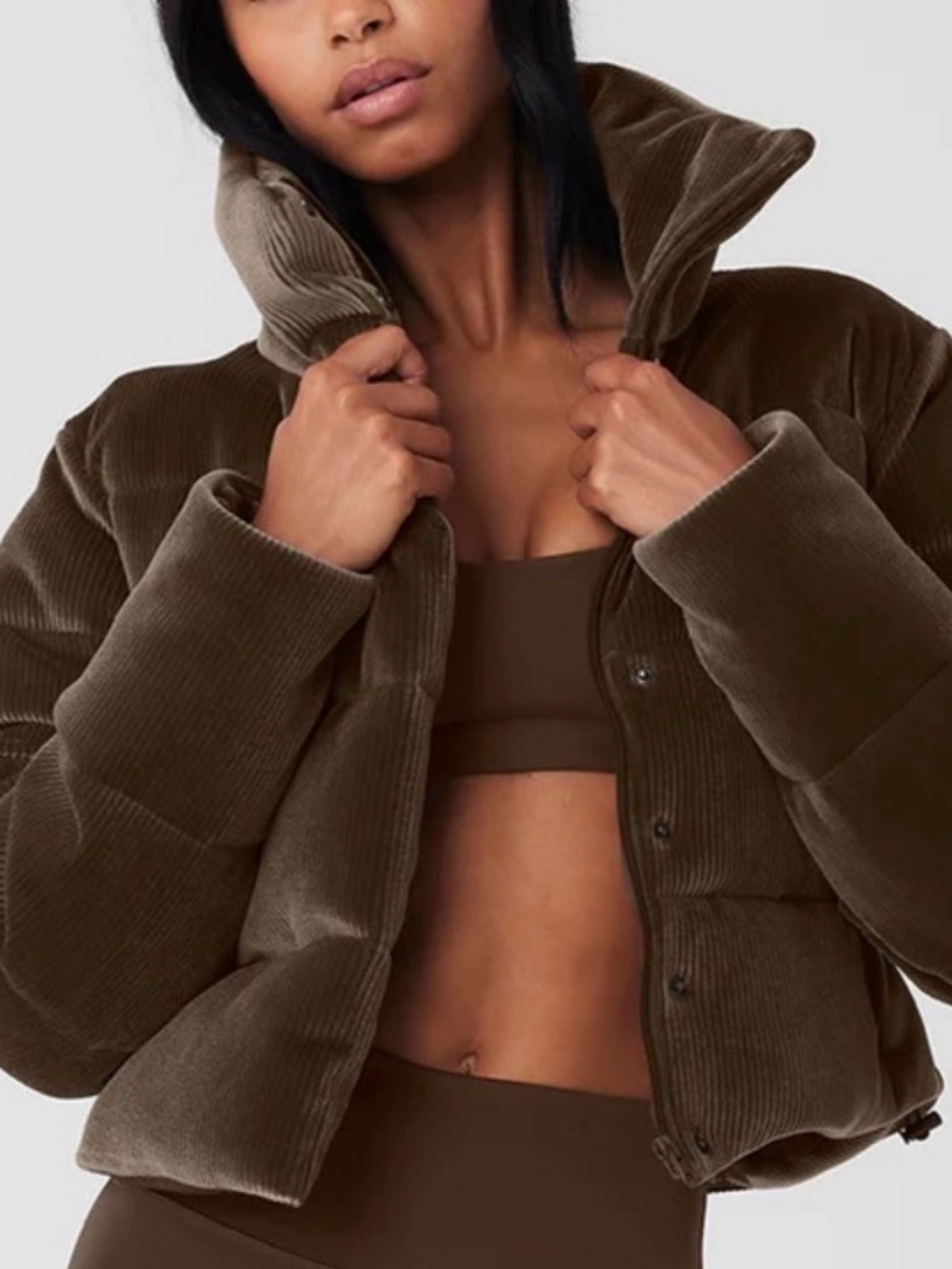 ALO Yoga Corduroy Puffer Jacket in Chocolate Brown